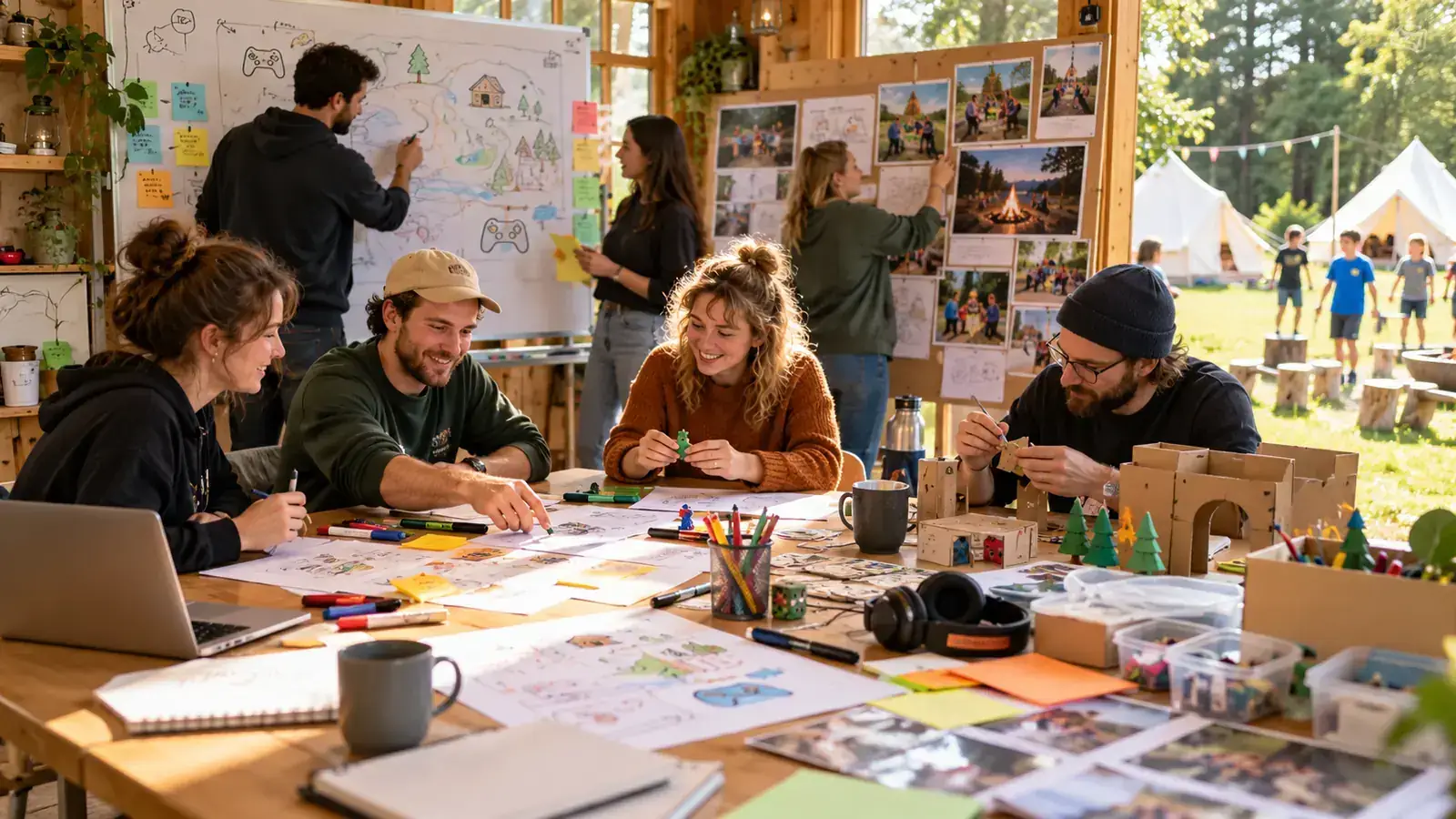 Tervona Entwicklungsphasen und Camp-Design Tervona Planungsszene mit Camp-Methodik, Workshop-Materialien und Outdoor-Bezug