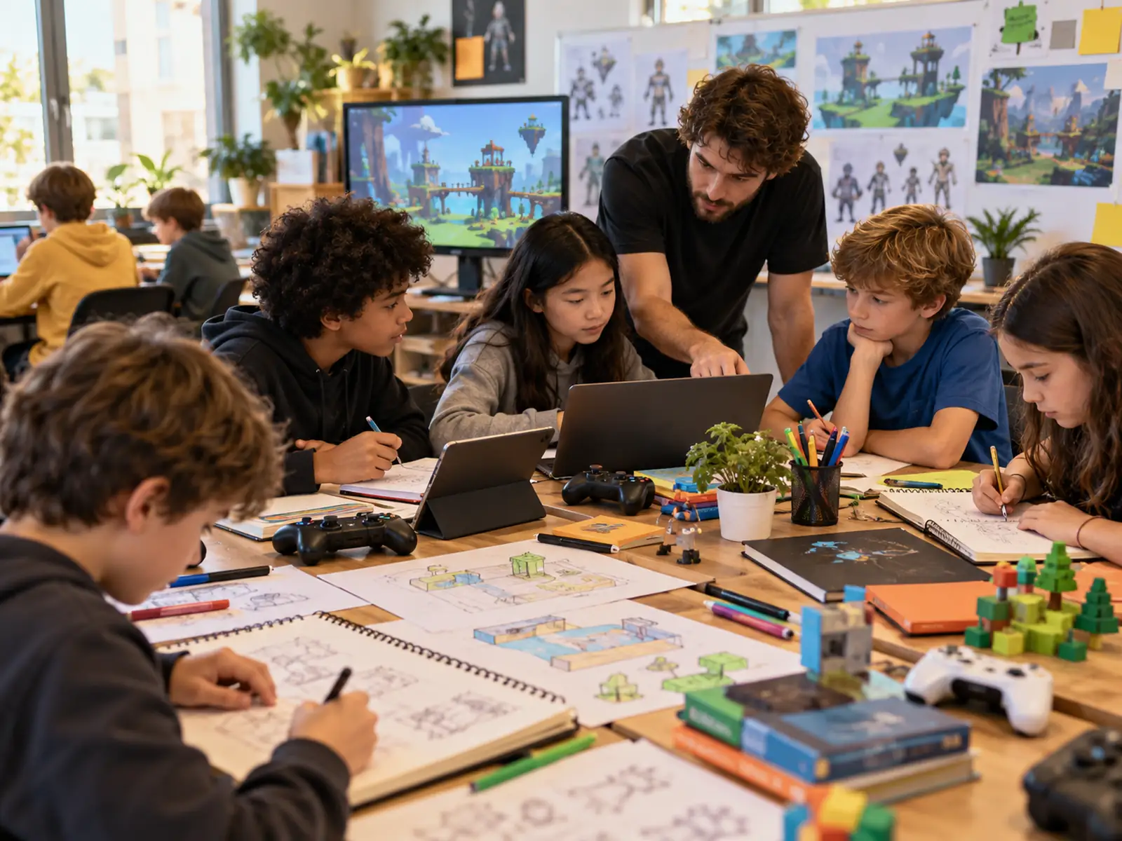 Kinder entwickeln in einem kreativen Workshop Figuren, Karten und Spielideen