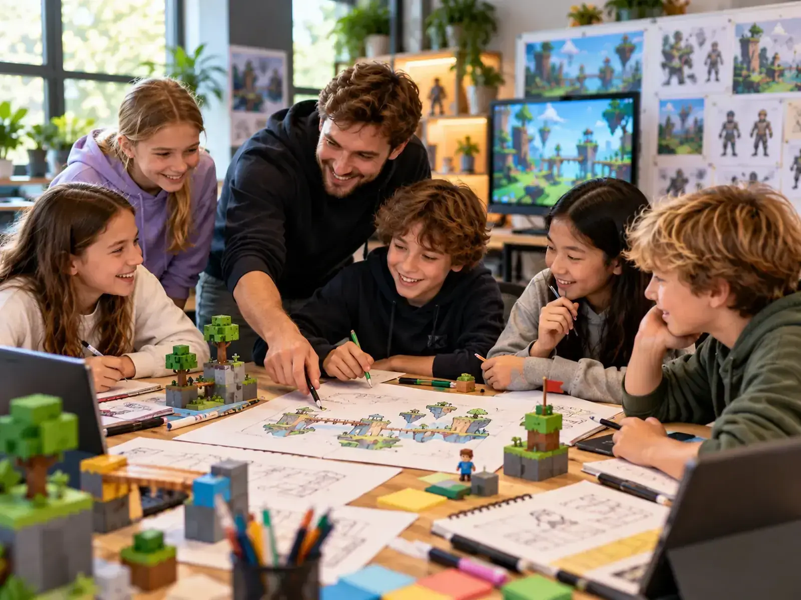 Aktive Programme bei Tervona Kinder entwickeln gemeinsam Spielideen und Zeichnungen in einem Camp-Workshop