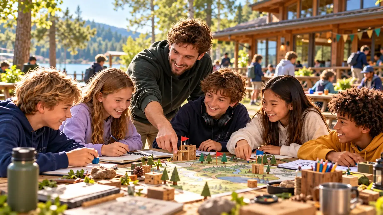 Locker betreute Camp-Situation mit Kindern an einem See