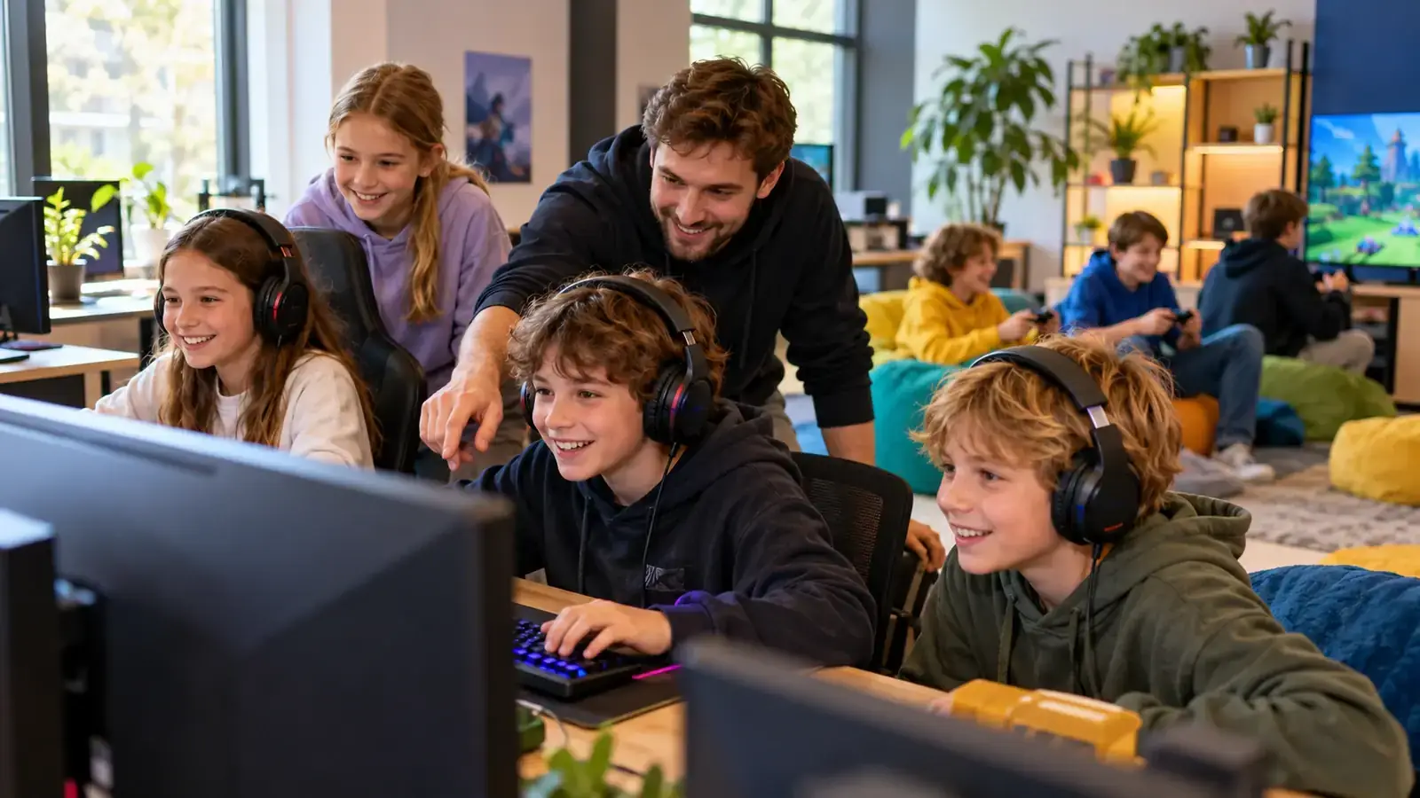 Betreuer arbeitet mit Kindern in einer freundlichen Game-Camp-Umgebung