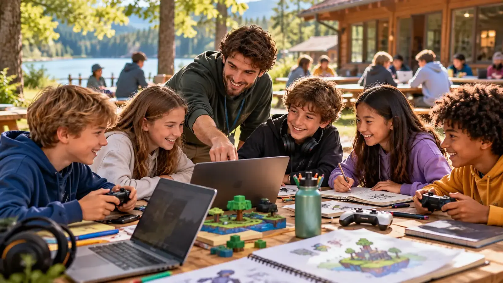 Sommerliches Game-Camp mit Kindern und Betreuer an einem großen Holztisch